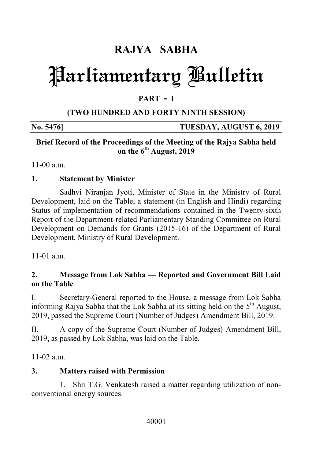 RAJYA SABHA Parliamentary Bulletin