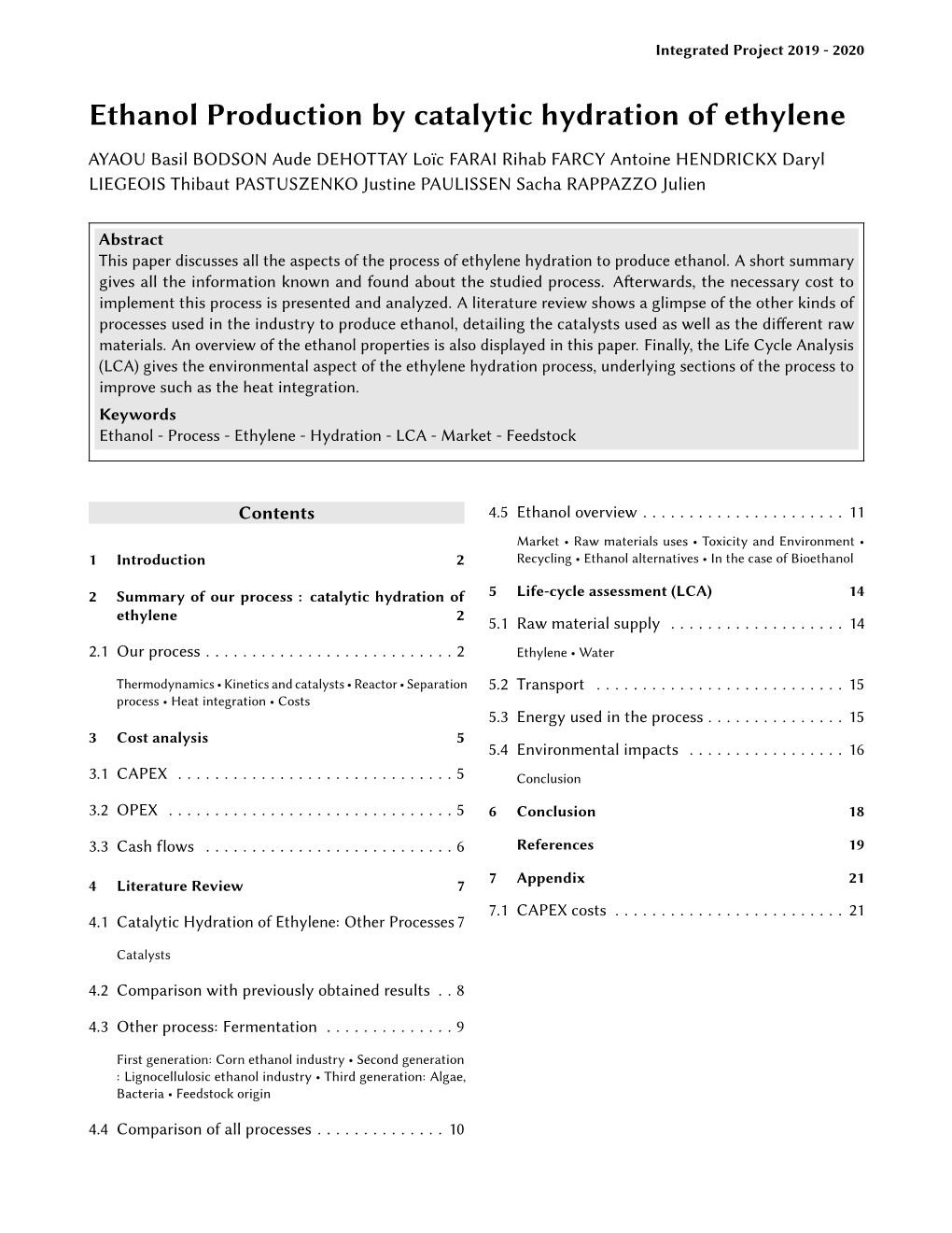 Ethanol Production by Catalytic Hydration of Ethylene