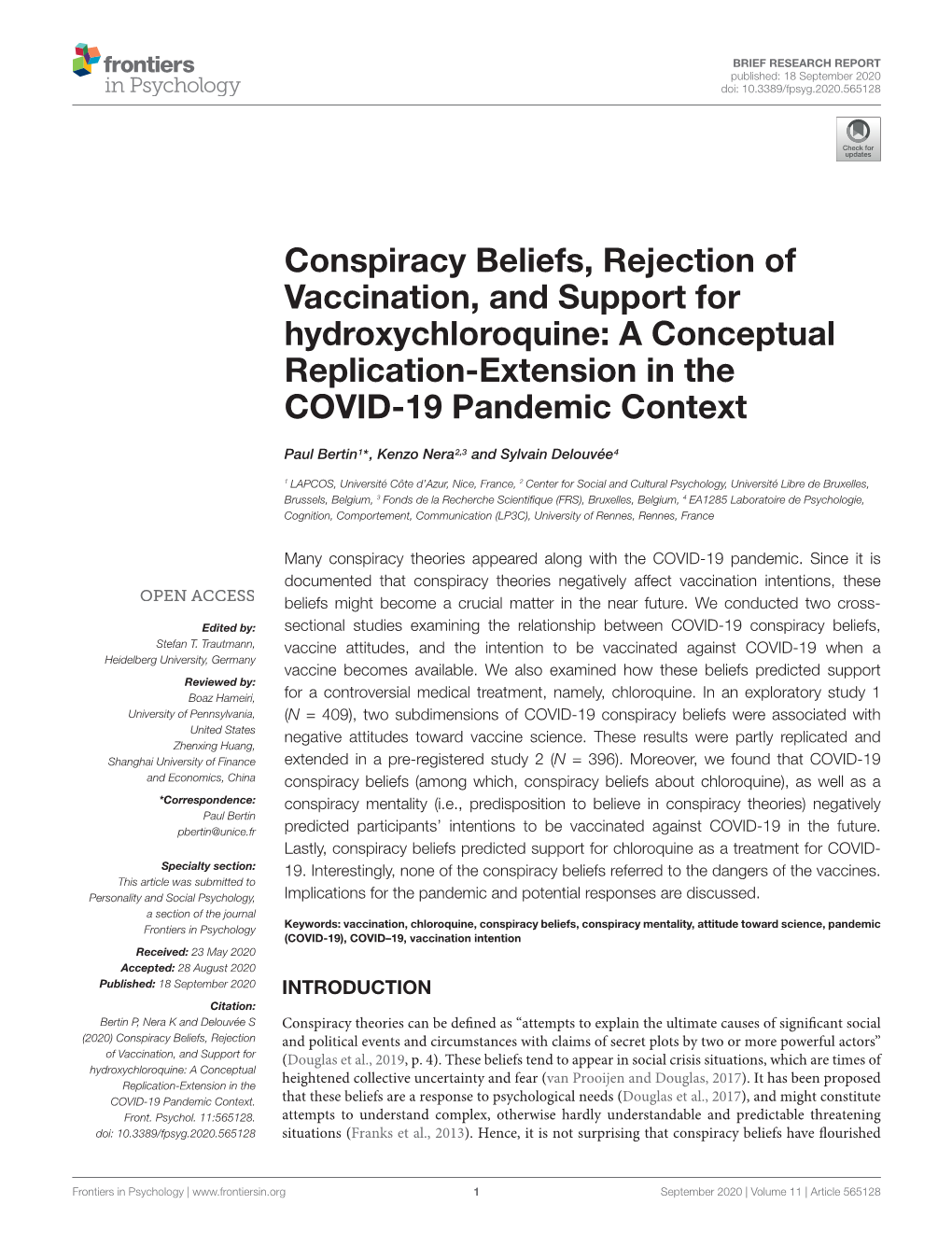 Conspiracy Beliefs, Rejection of Vaccination, and Support for Hydroxychloroquine: a Conceptual Replication-Extension in the COVID-19 Pandemic Context