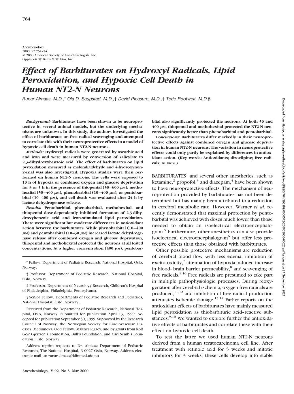 Effect of Barbiturates on Hydroxyl Radicals, Lipid Peroxidation, and Hypoxic Cell Death in Human NT2-N Neurons