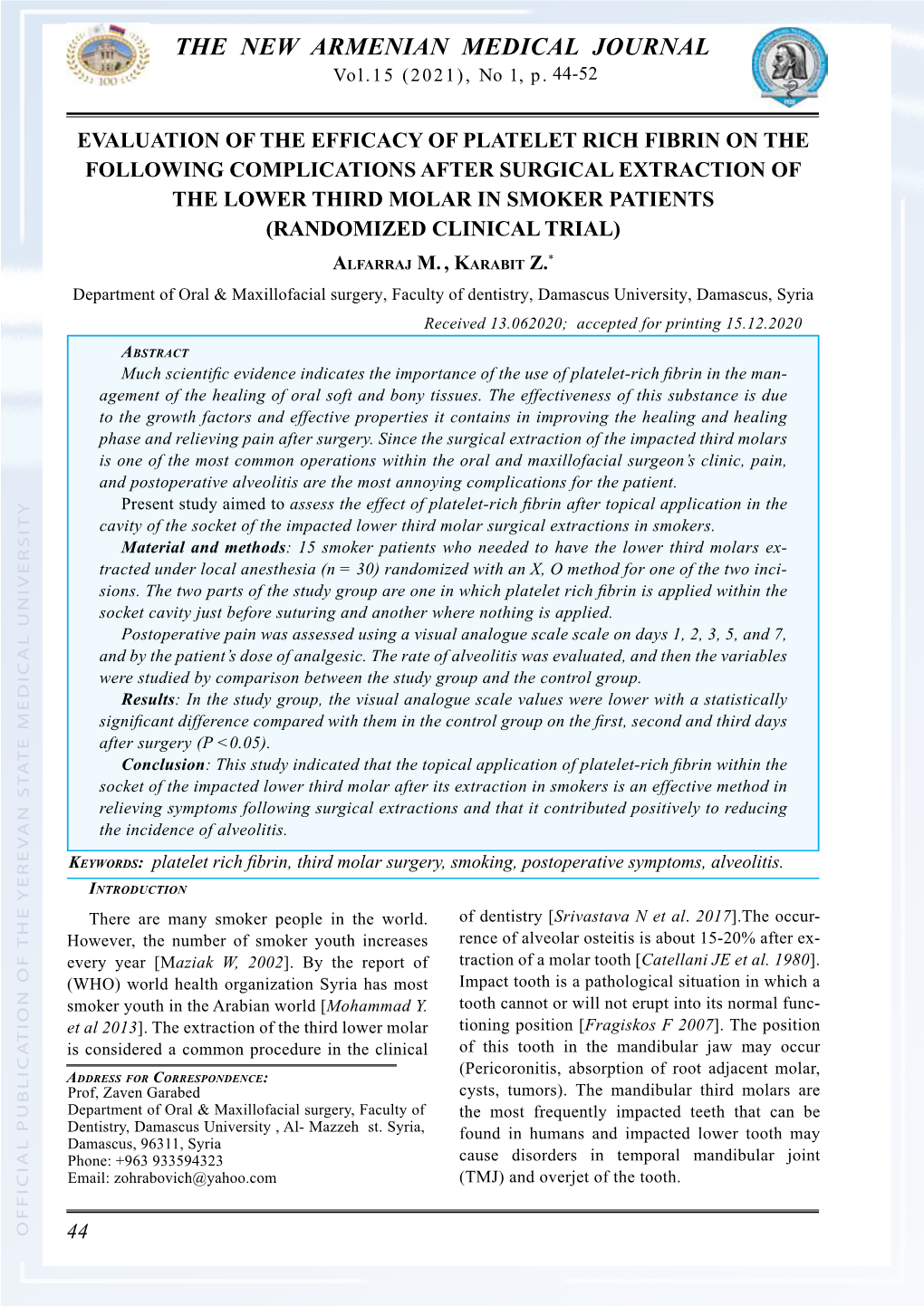 The New Armenian Medical Journal Vol.15 (2021), Nо 1, P