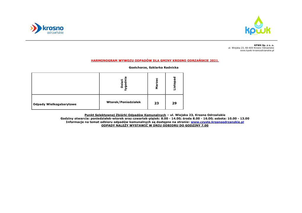 Harmonogram Wywozu Odpadów Dla Gminy Krosno Odrzańskie 2021