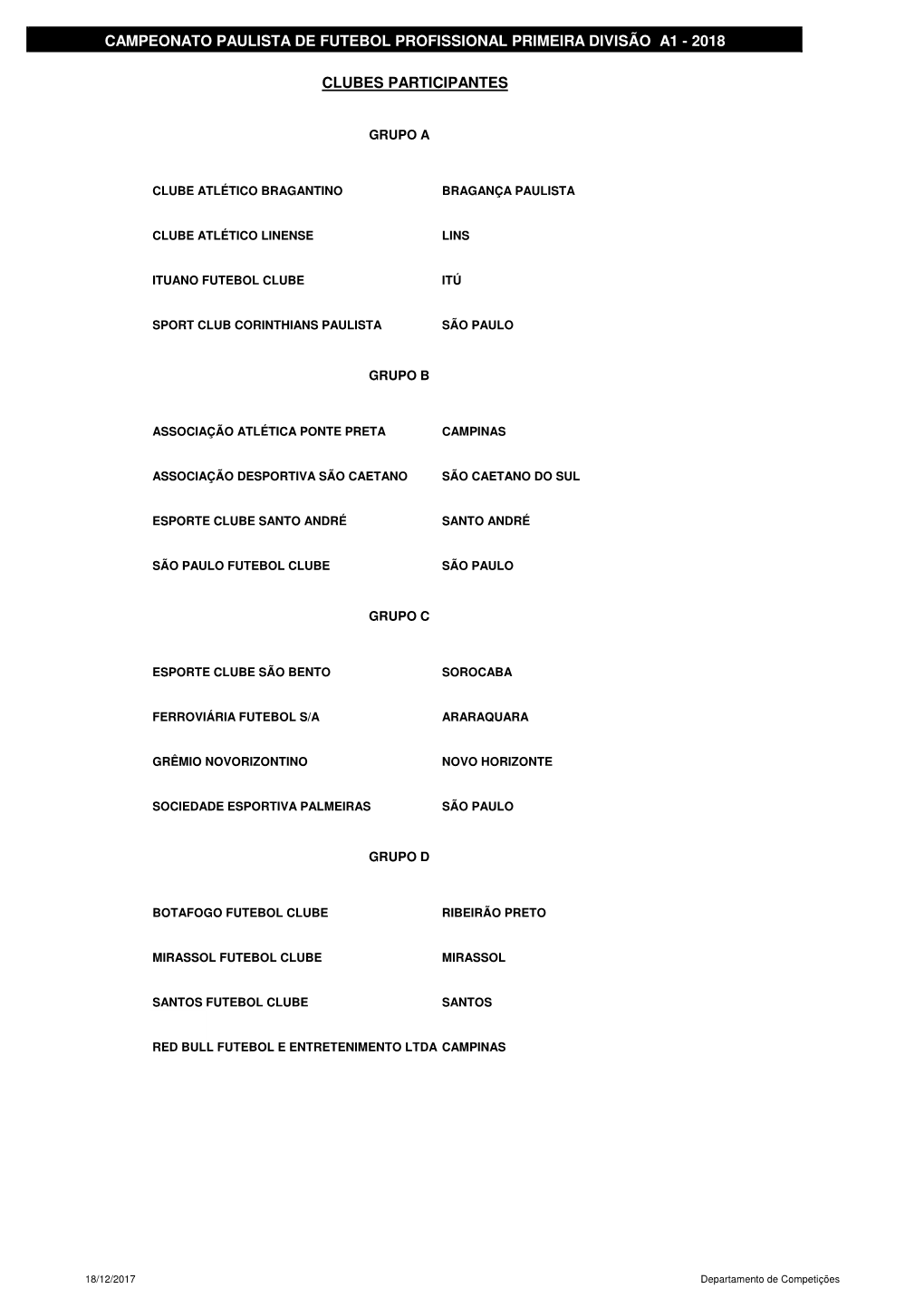 (TABELA CAMPEONATO PAULISTA S\311RIE A1- 2018.Com Hor