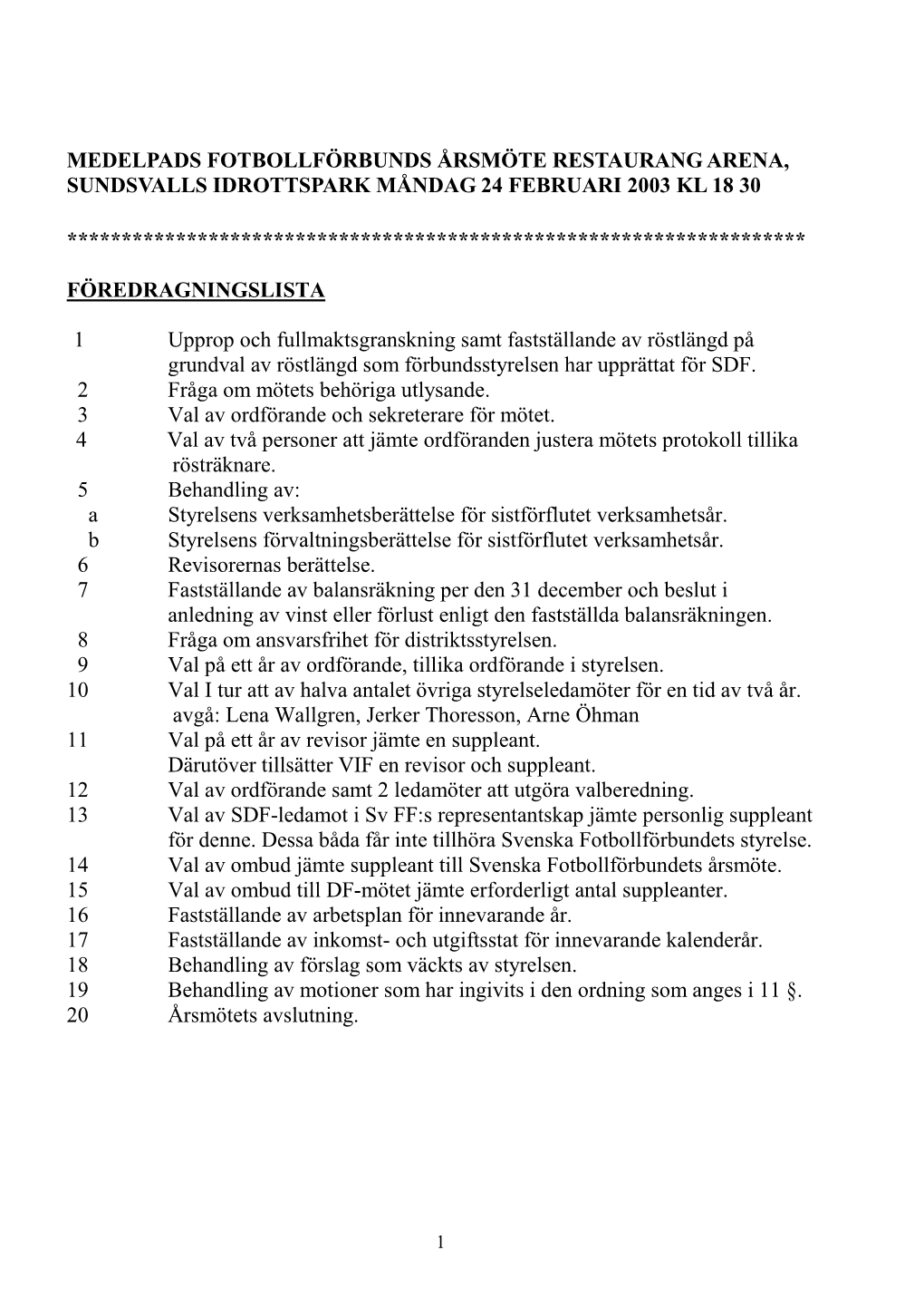 Medelpads Fotbollförbunds Årsmöte Restaurang Arena, Sundsvalls Idrottspark Måndag 24 Februari 2003 Kl 18 30