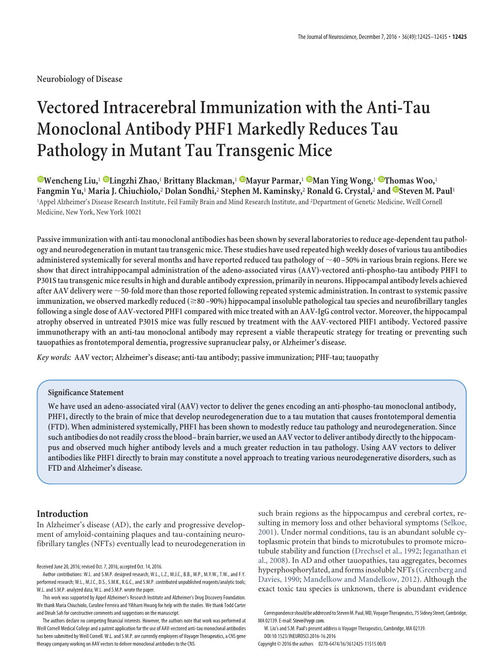 Vectored Intracerebral Immunization with the Anti-Tau Monoclonal Antibody PHF1 Markedly Reduces Tau Pathology in Mutant Tau Transgenic Mice