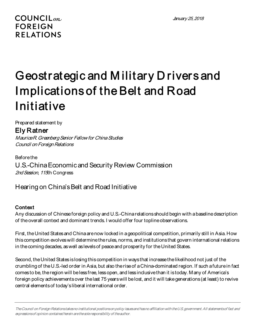 Geostrategic and Military Drivers and Implications of the Belt and Road Initiative