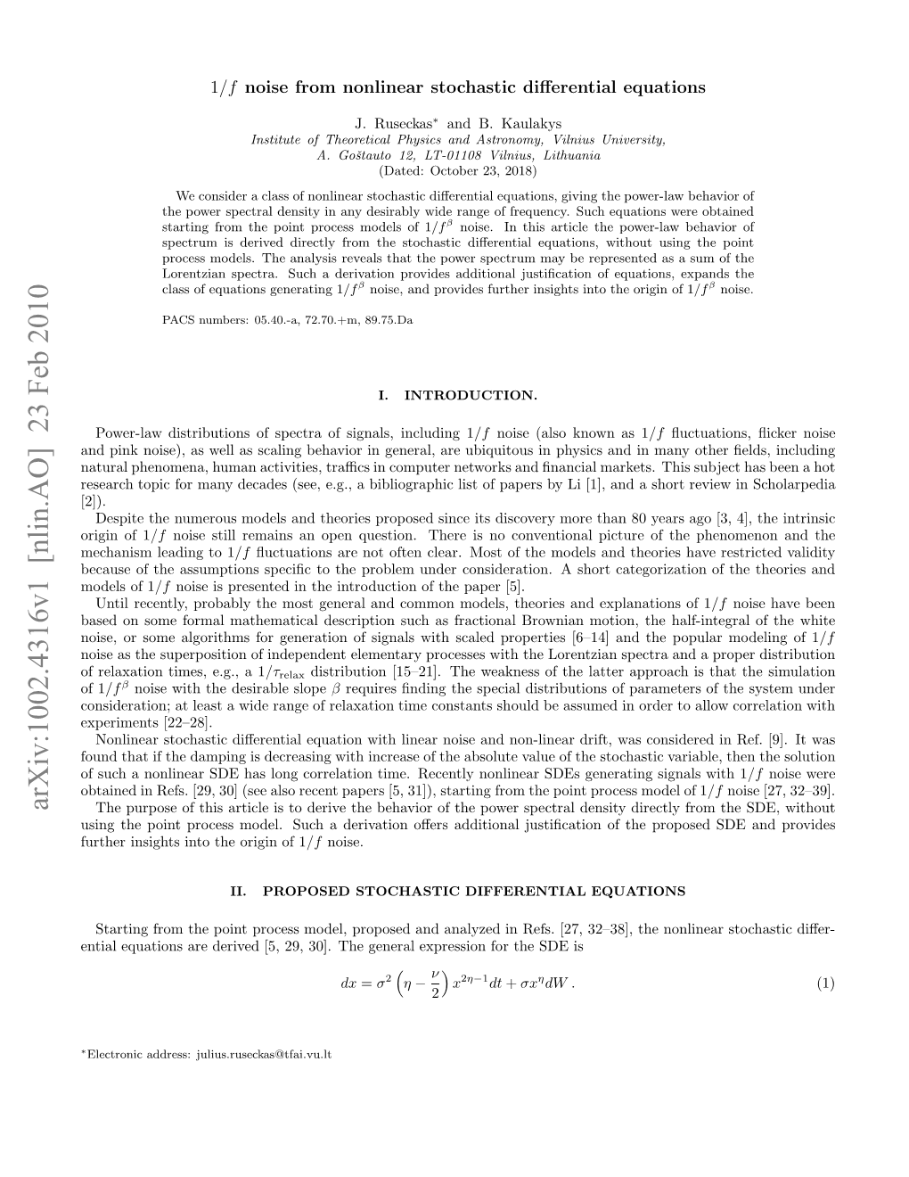 1/F Noise from Nonlinear Stochastic Differential Equations