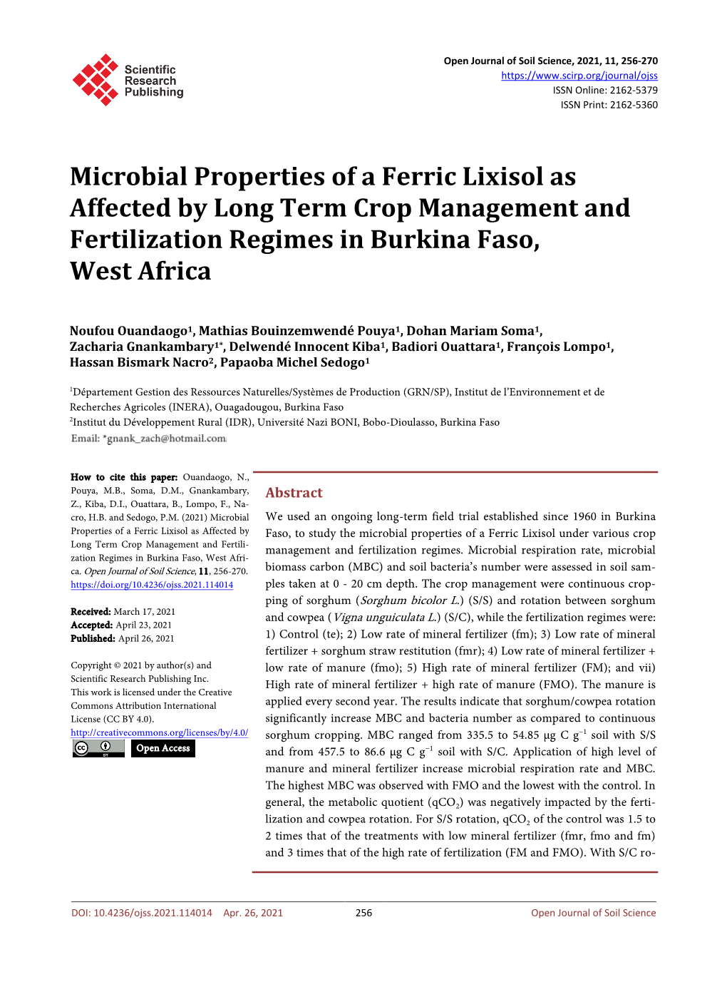 Microbial Properties of a Ferric Lixisol As Affected by Long Term Crop Management and Fertilization Regimes in Burkina Faso, West Africa