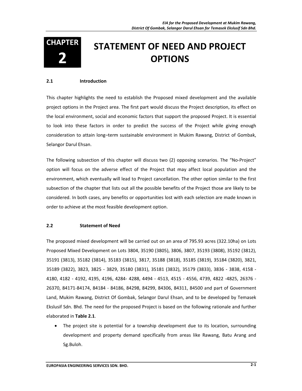 Statement of Need and Project Options