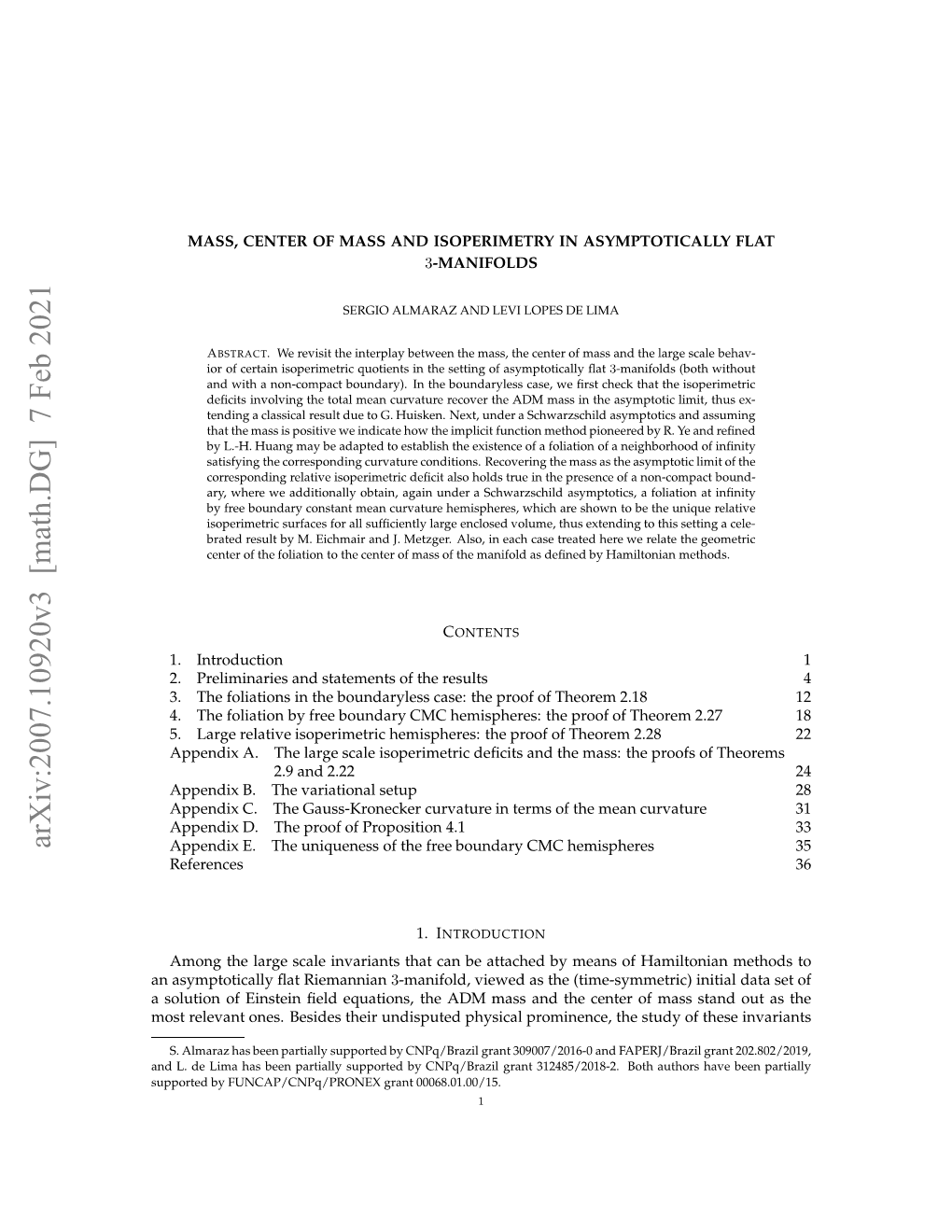 Arxiv:2007.10920V3 [Math.DG] 7 Feb 2021 Ouino Isenﬁl Qain,Teamms N H Ce the and Prom Mass Physical Undisputed ADM Their the Besides Equations, Ones