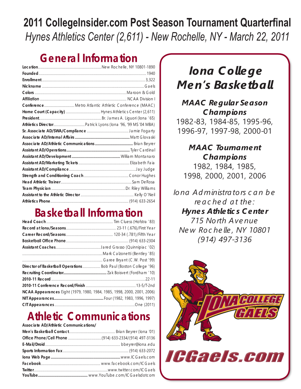 Iona College Men's Basketball General Information Basketball