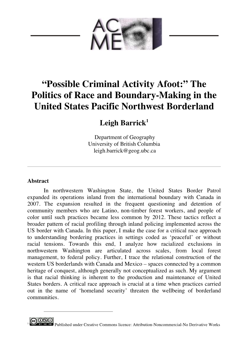 Possible Criminal Activity Afoot:” the Politics of Race and Boundary-Making in the United States Pacific Northwest Borderland