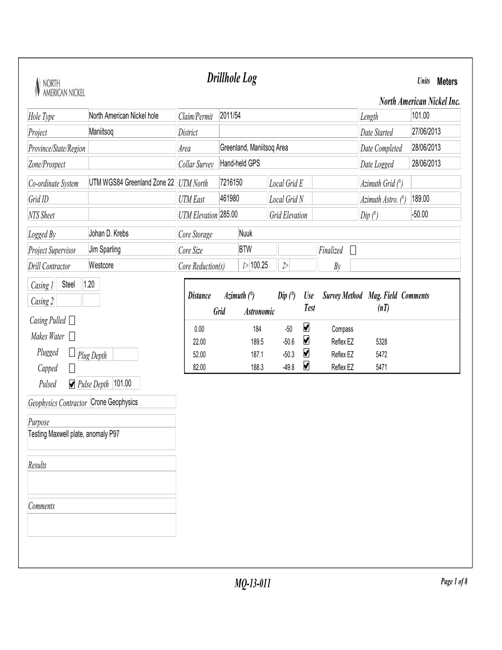 Drillhole Log-MQ-13-011