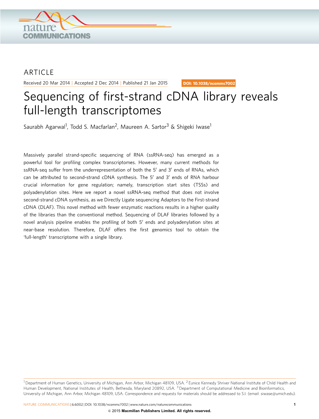 Sequencing of First-Strand Cdna Library Reveals Full-Length