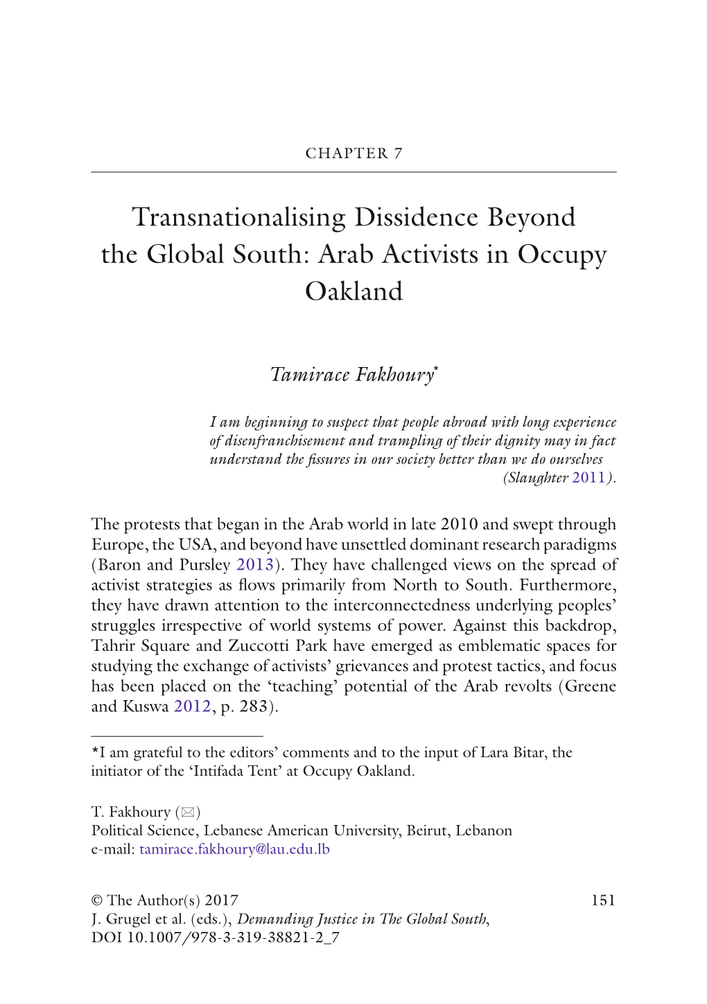 Transnationalising Dissidence Beyond the Global South: Arab Activists in Occupy Oakland