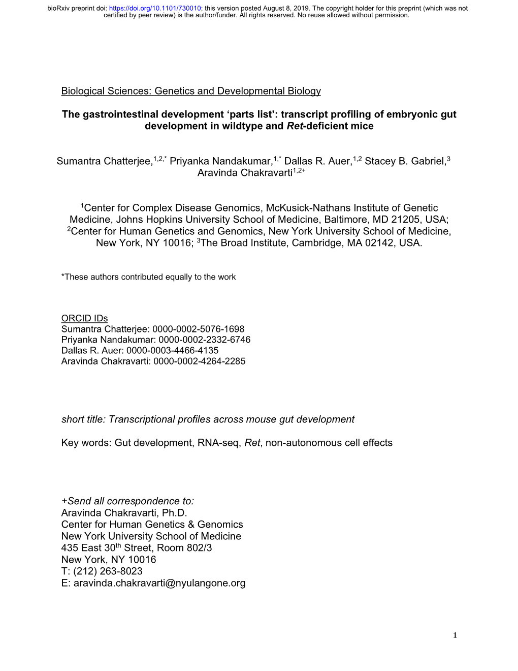 Transcript Profiling of Embryonic Gut Development in Wildtype and Ret-Deficient Mice