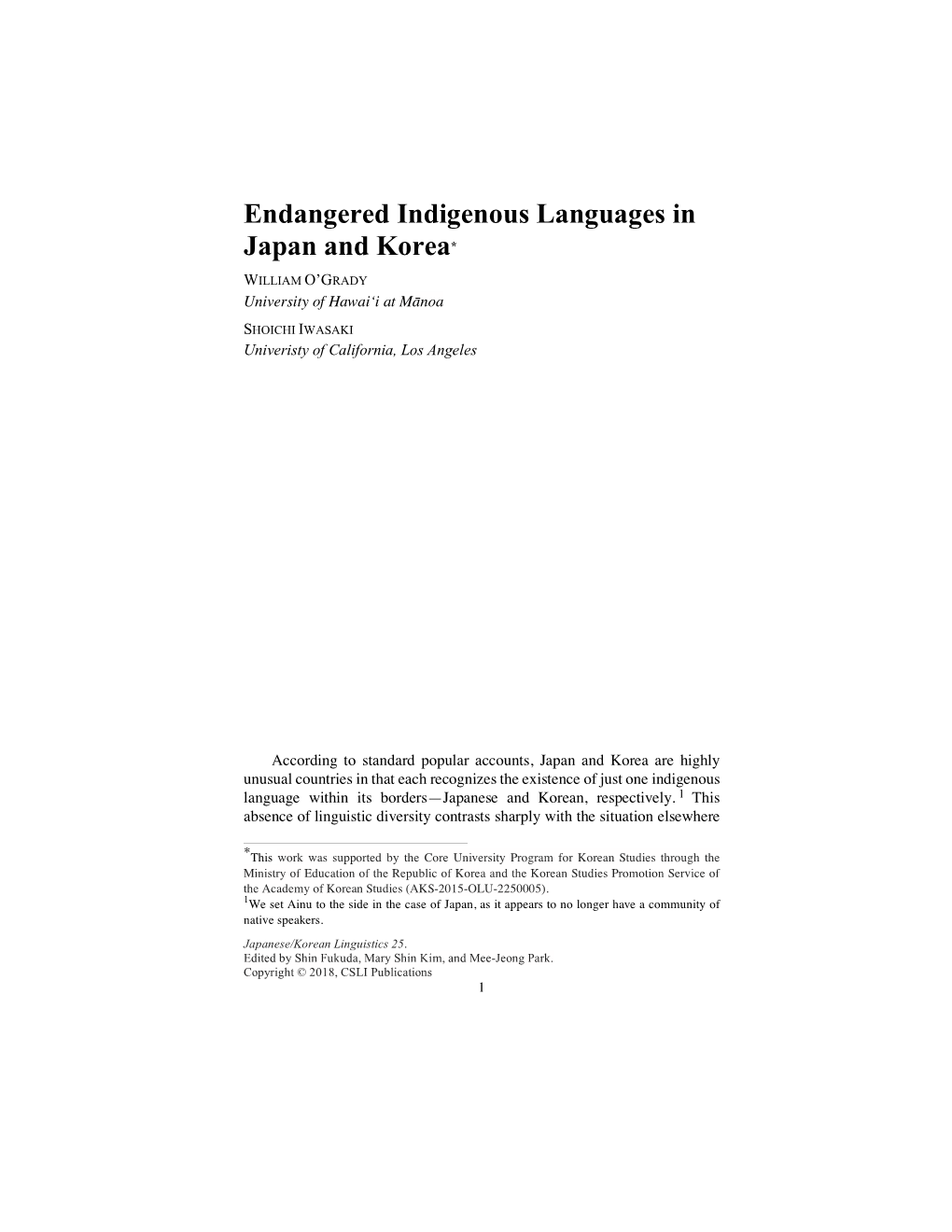 Endangered Indigenous Languages in Japan and Korea*