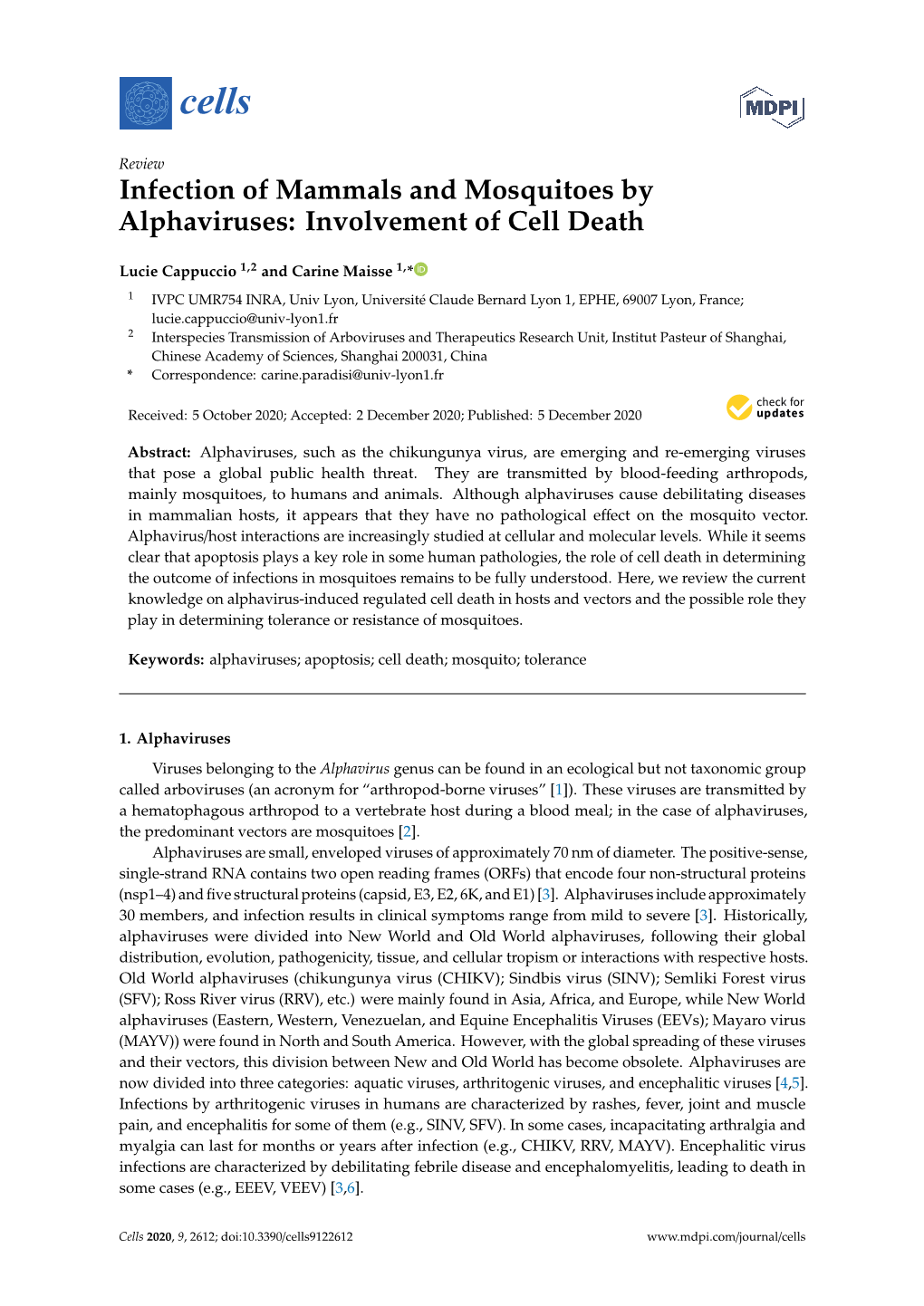 Infection of Mammals and Mosquitoes by Alphaviruses: Involvement of Cell Death