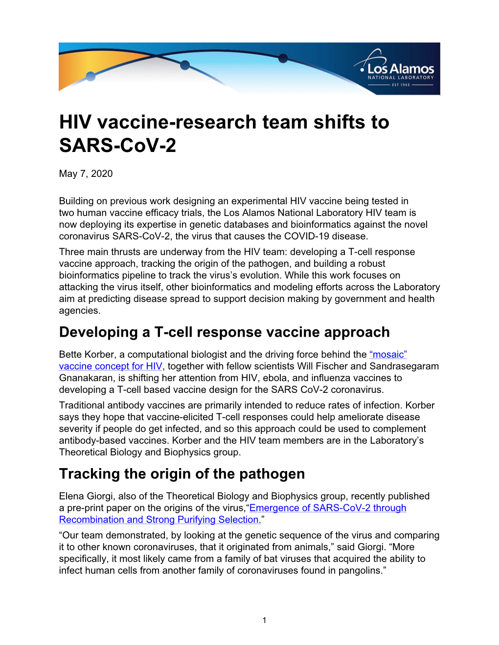 HIV Vaccine-Research Team Shifts to SARS-Cov-2