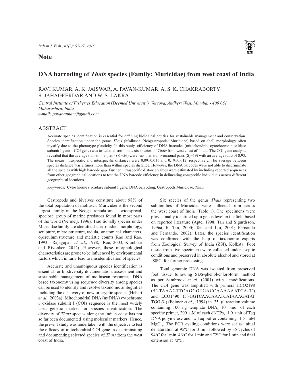 Note DNA Barcoding of Thais Species (Family: Muricidae) from West Coast