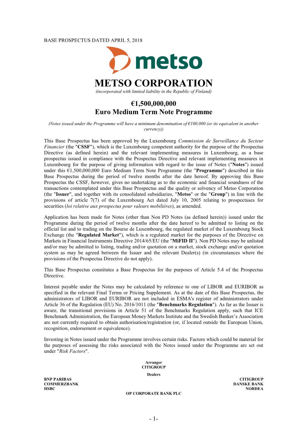 METSO CORPORATION (Incorporated with Limited Liability in the Republic of Finland) €1,500,000,000 Euro Medium Term Note Programme