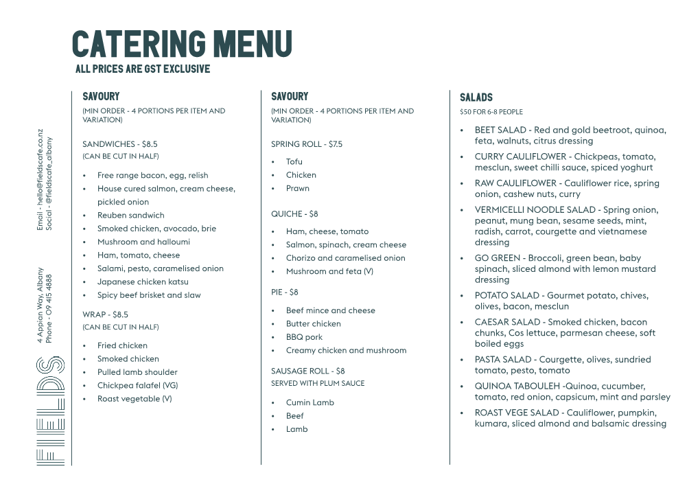 Catering Menu All Prices Are Gst Exclusive