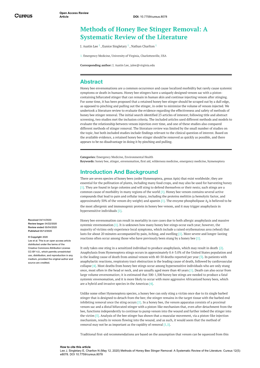 Methods of Honey Bee Stinger Removal: a Systematic Review of the Literature