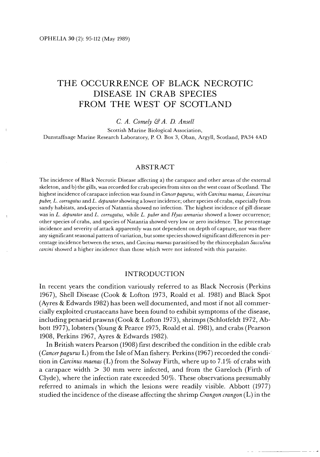 The Occurrence of Black Necrotic Disease in Crab Species from the West of Scotland