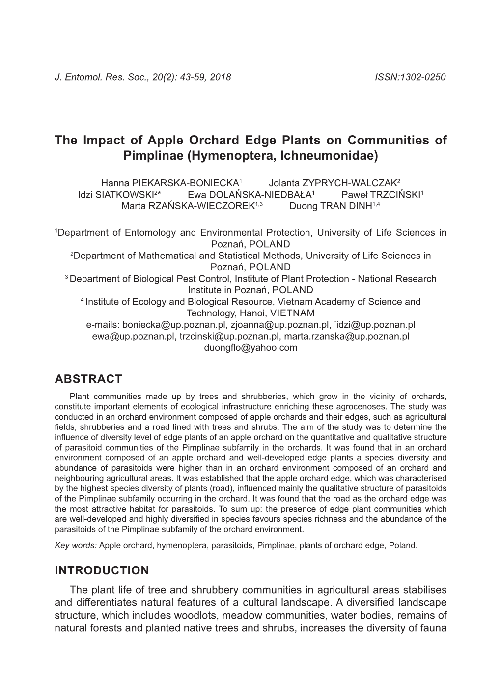 The Impact of Apple Orchard Edge Plants on Communities of Pimplinae (Hymenoptera, Ichneumonidae)