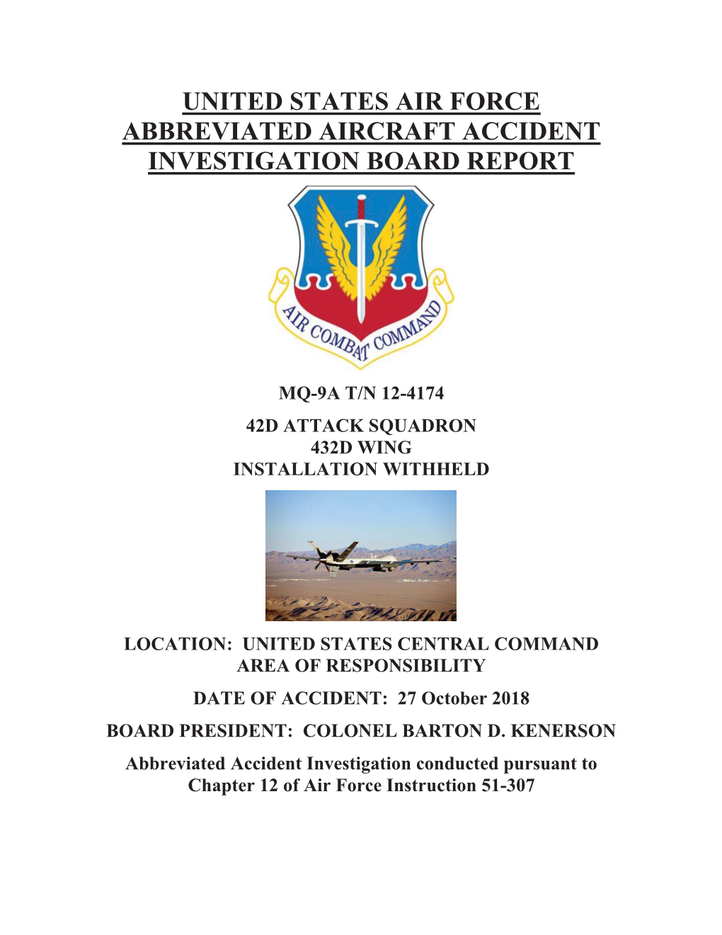 United States Air Force Abbreviated Aircraft Accident Investigation Board Report