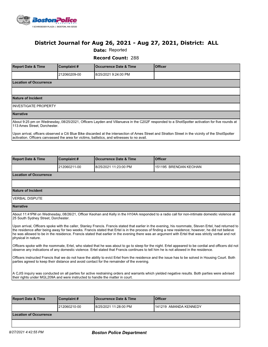 District Journal for Aug 26, 2021 - Aug 27, 2021, District: ALL Date: Reported Record Count: 288