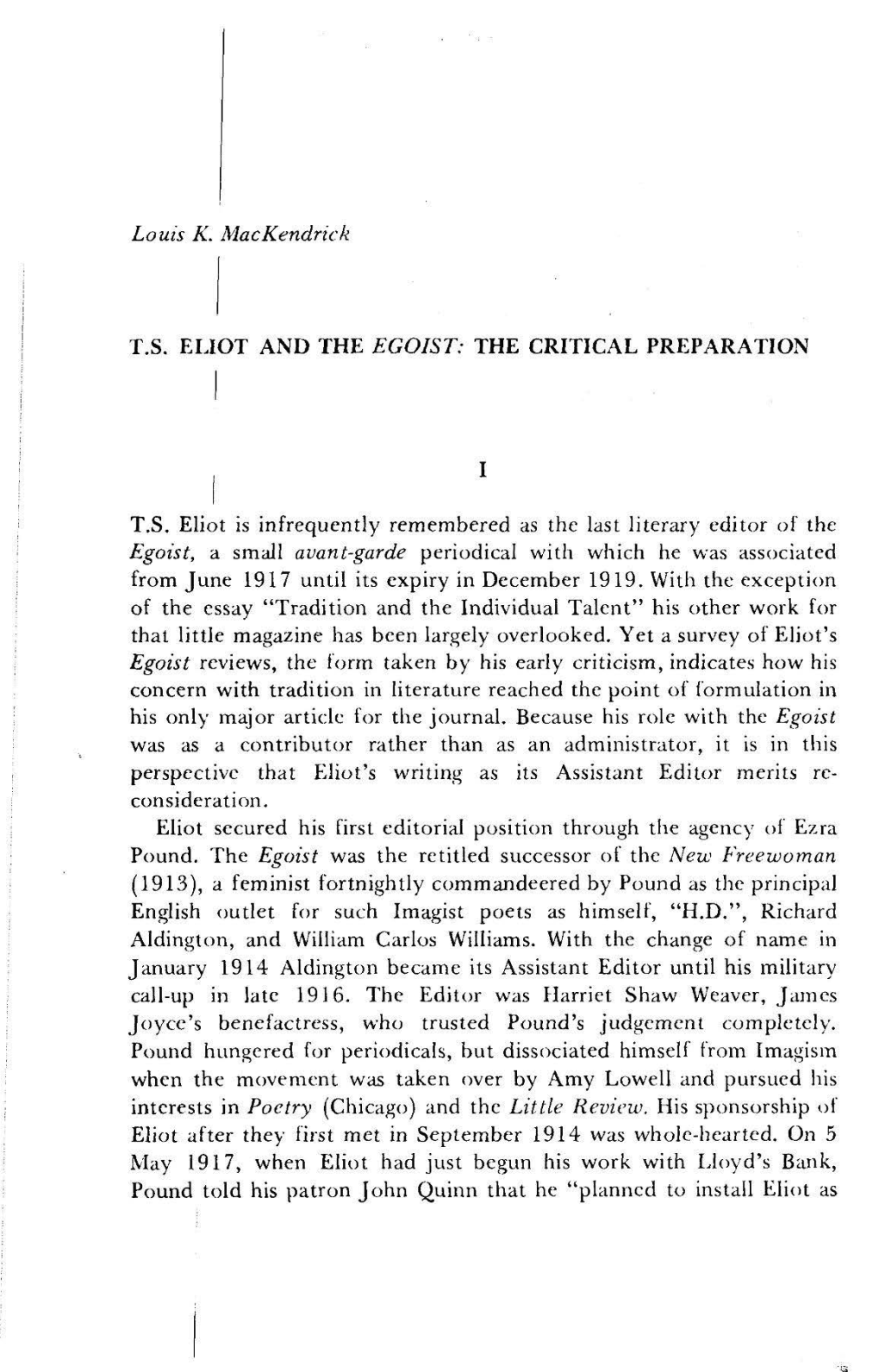 Louis K. Mackendrick TS ELIOT and the EGOIST