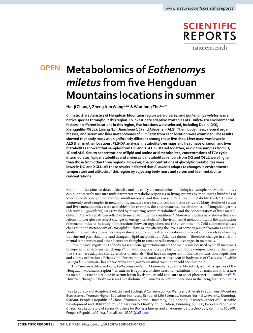 Metabolomics of Eothenomys Miletus from Five Hengduan Mountains