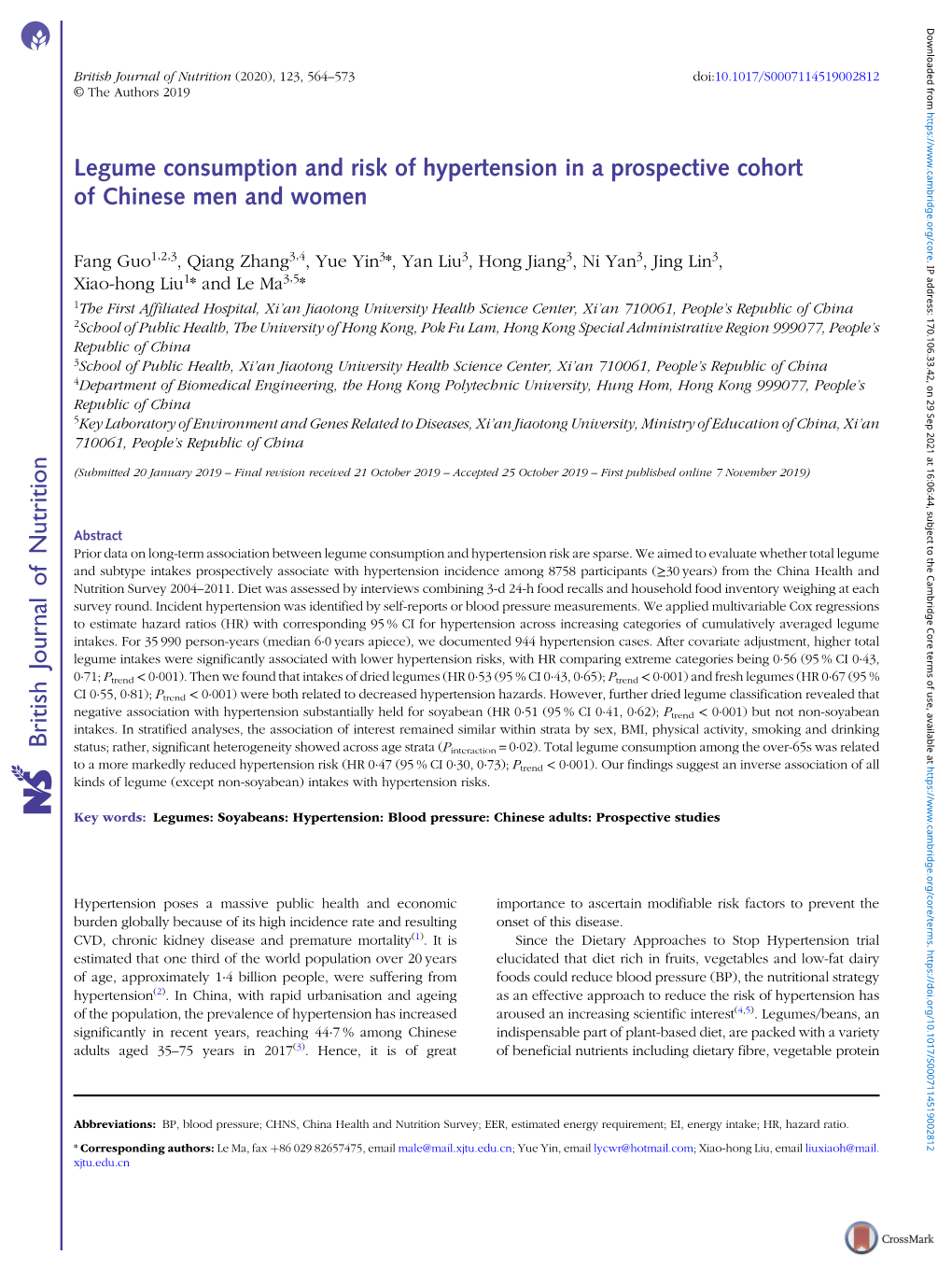 Legume Consumption and Risk of Hypertension in a Prospective Cohort of Chinese Men and Women