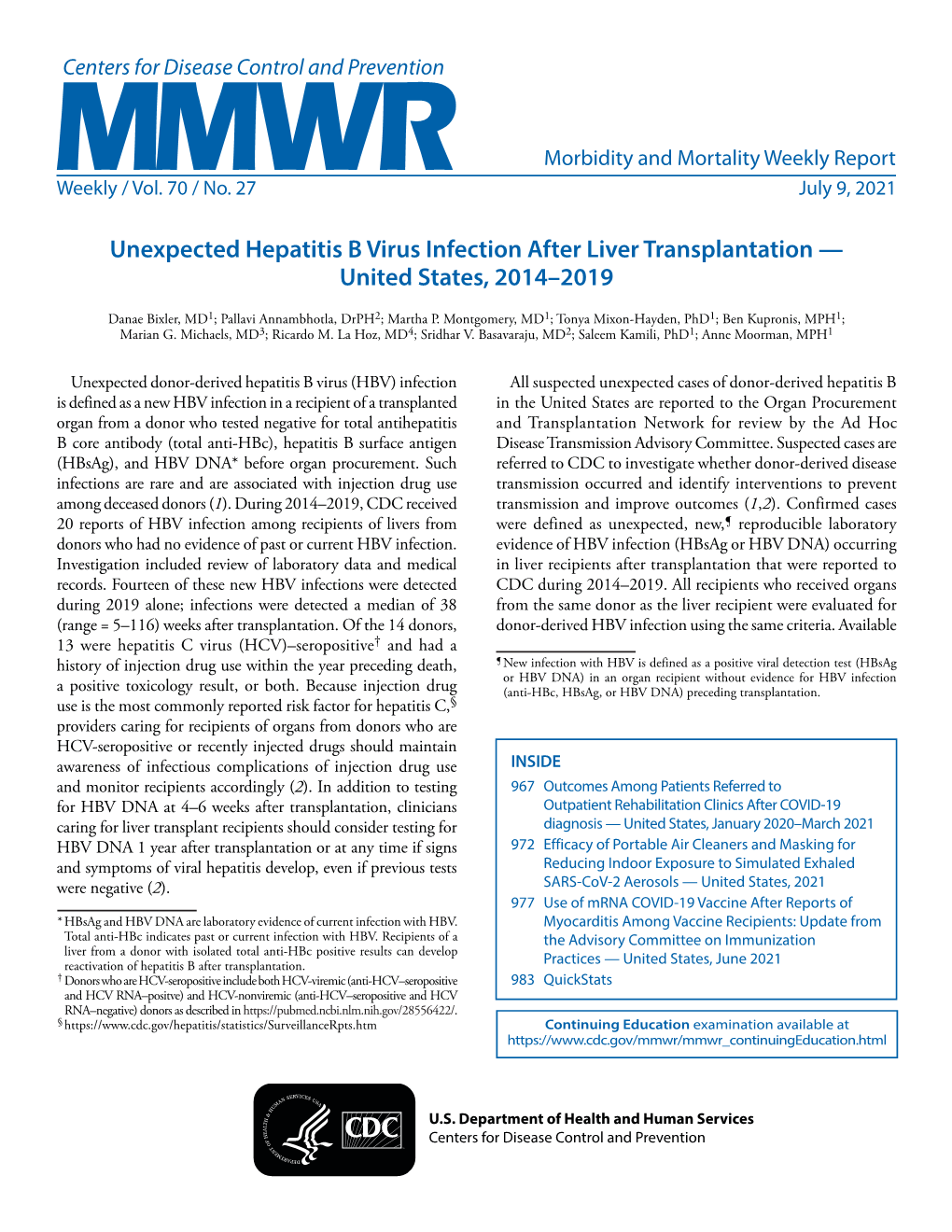 MMWR, Volume 70, Issue 27 — July 9, 2021