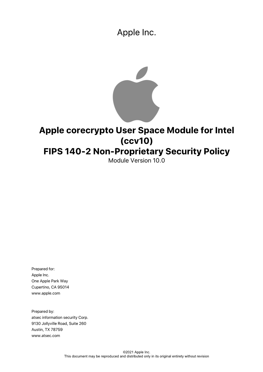 Apple Inc. Apple Corecrypto User Space Module for Intel (Ccv10) FIPS