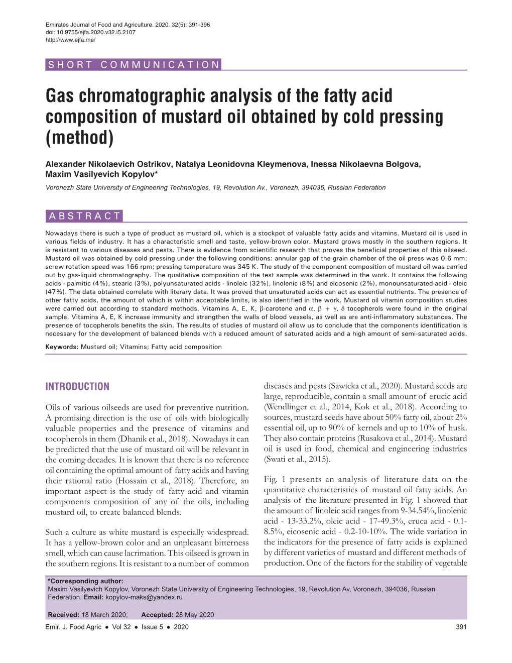 Gas Chromatographic Analysis of the Fatty Acid Composition of Mustard Oil Obtained by Cold Pressing (Method)