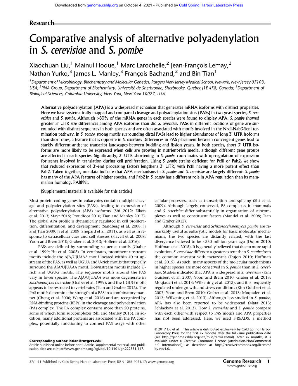 Comparative Analysis of Alternative Polyadenylation in S. Cerevisiae and S. Pombe