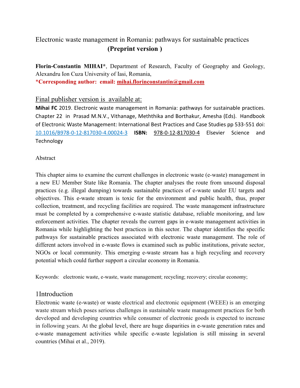 Electronic Waste Management in Romania: Pathways for Sustainable Practices (Preprint Version )