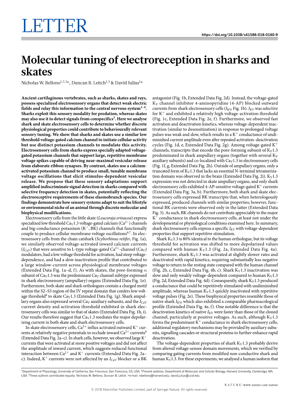 Molecular Tuning of Electroreception in Sharks and Skates Nicholas W