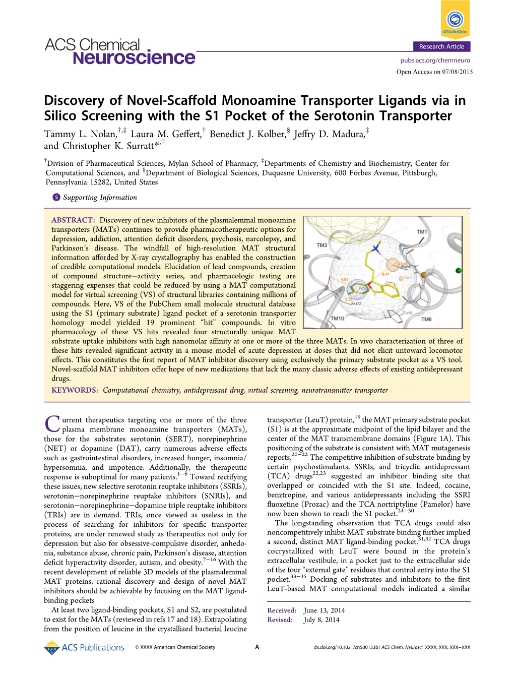 Discovery of Novel-Scaffold Monoamine Transporter Ligands Via in Silico Screening with the S1 Pocket Of