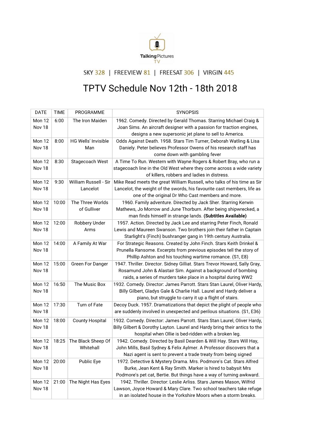 TPTV Schedule Nov 12Th - 18Th 2018