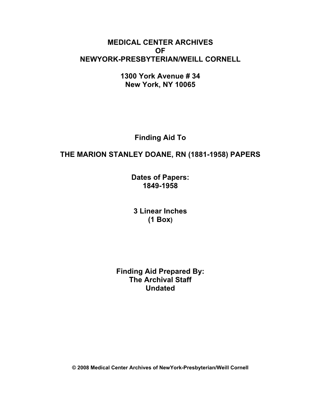 The Marion Stanley Doane, Rn (1881-1958) Papers