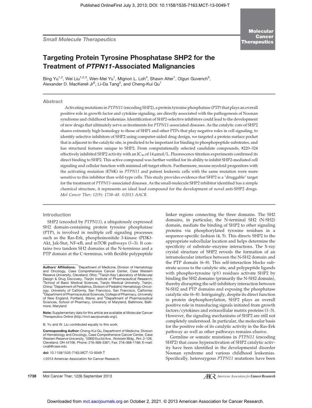 Targeting Protein Tyrosine Phosphatase SHP2 for the Treatment of PTPN11-Associated Malignancies