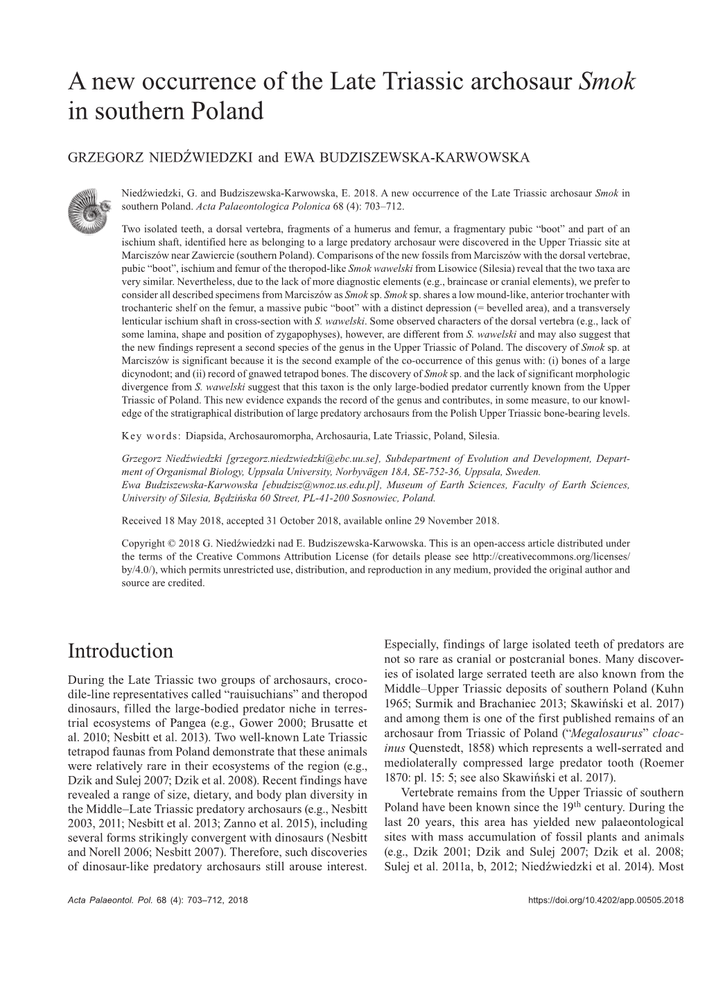 A New Occurrence of the Late Triassic Archosaur Smok in Southern Poland