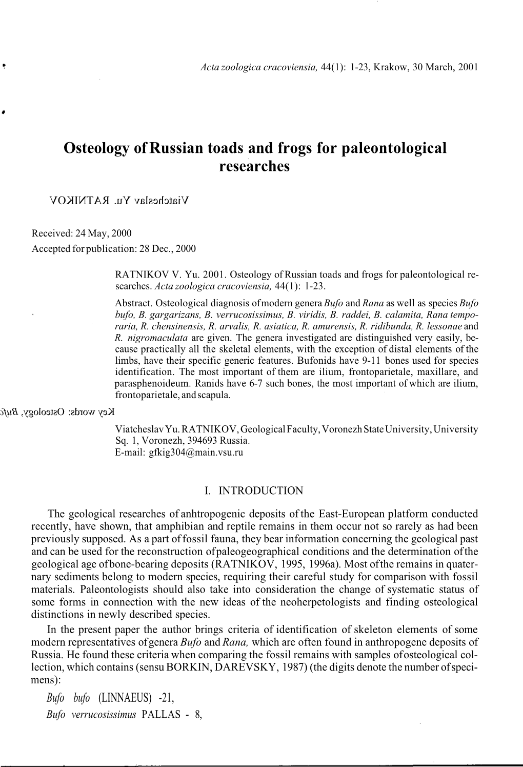 Osteology of Russian Toads and Frogs for Paleontological Researches