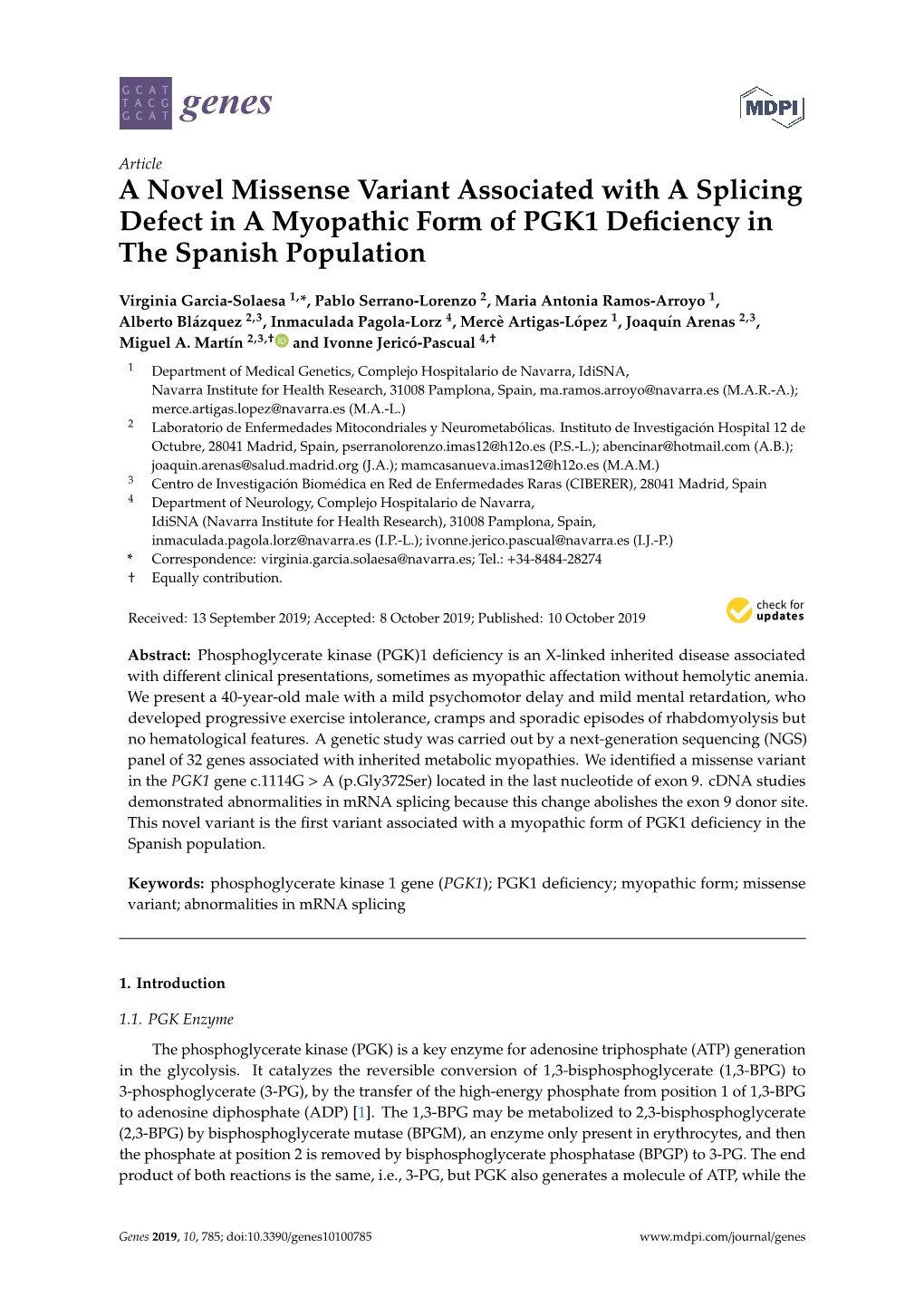 A Novel Missense Variant Associated with a Splicing Defect in a Myopathic Form of PGK1 Deﬁciency in the Spanish Population