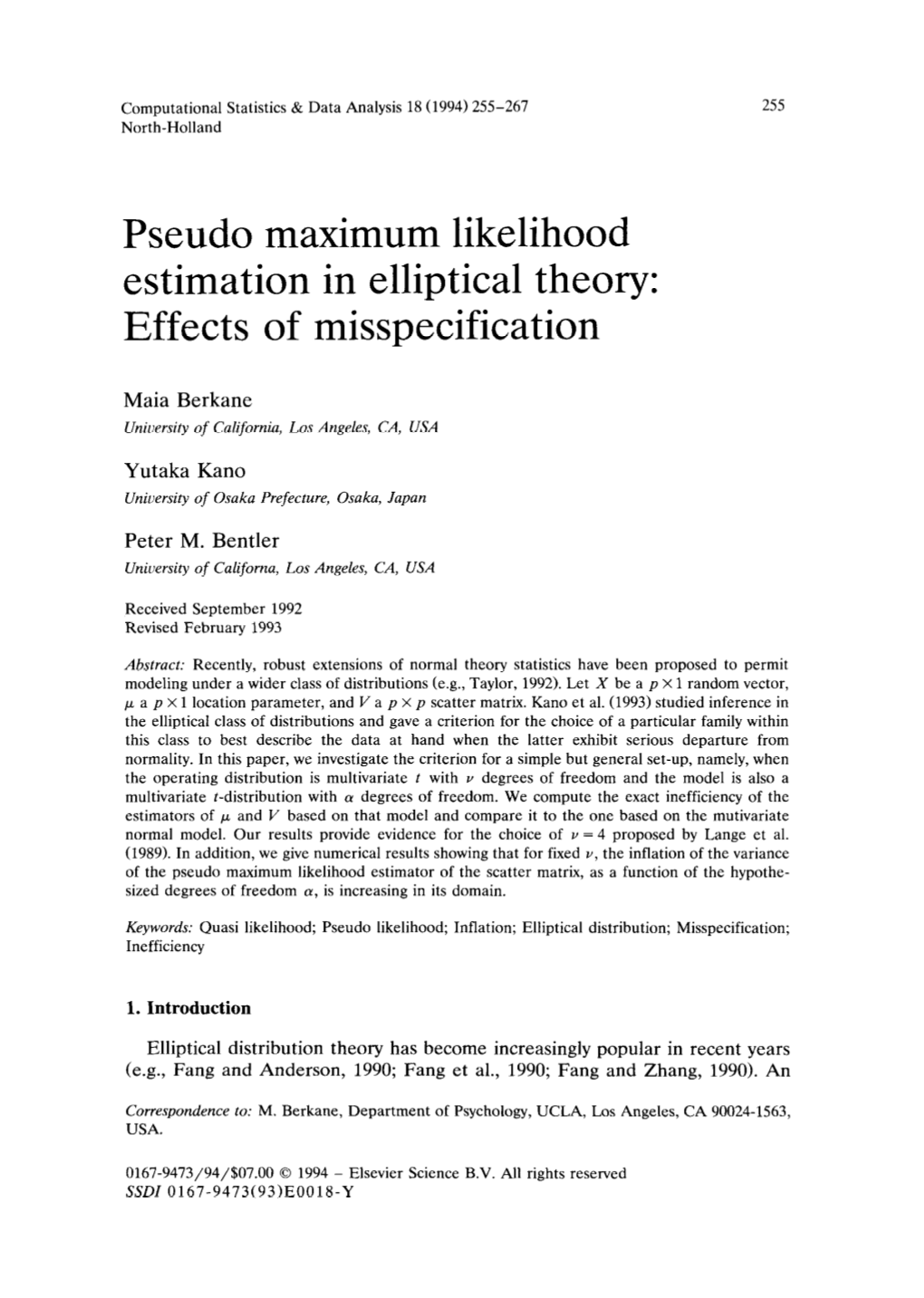 Pseudo Maximum Likelihood Estimation in Elliptical Theory: Effects of Misspecification