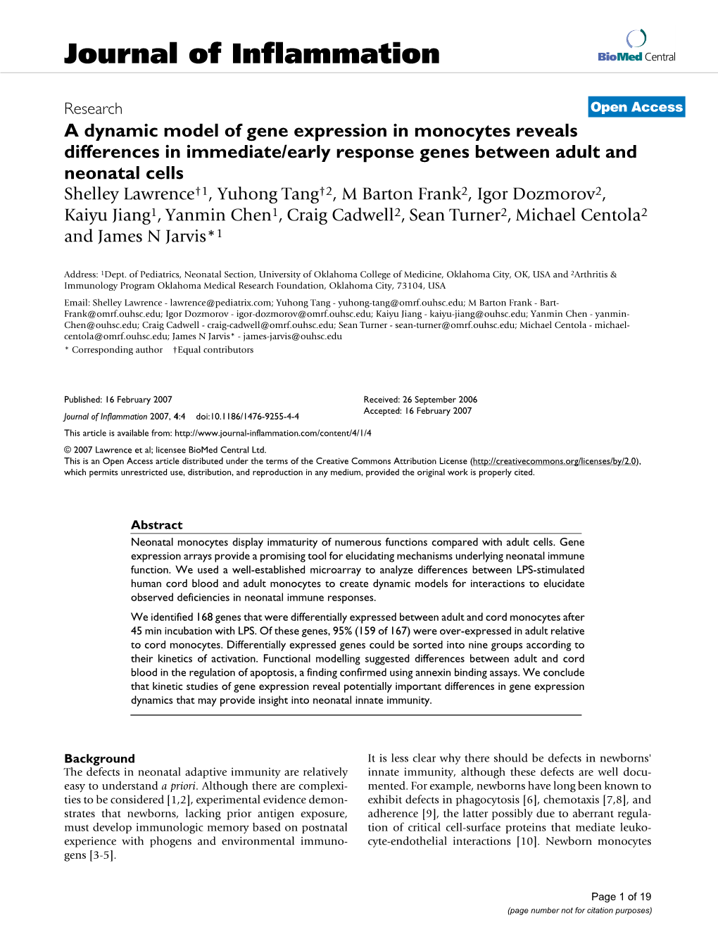 A Dynamic Model of Gene Expression in Monocytes Reveals Differences In