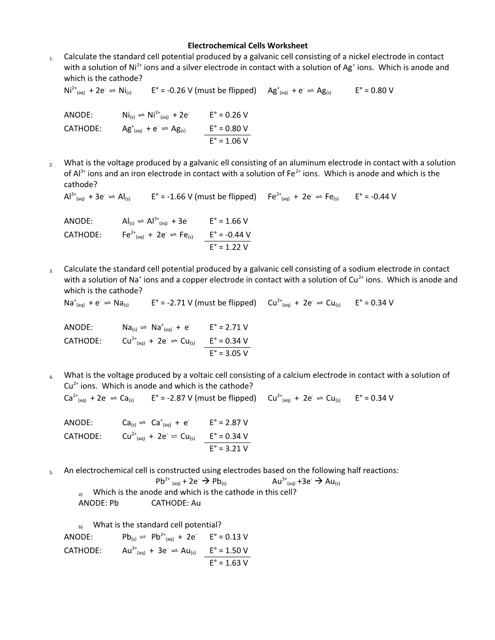 Electrochemical Cells Worksheet